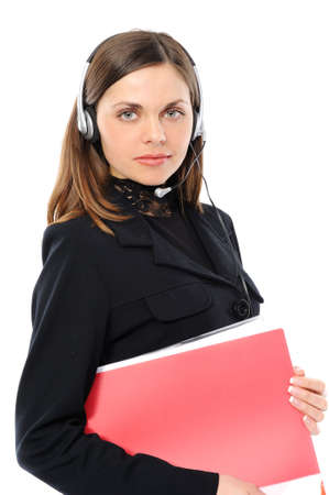 Young female customer service representative in headset  with a folder  On a white backgroundの写真素材