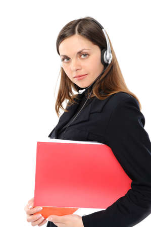 Young female customer service representative in headset  with a folder  On a white backgroundの写真素材