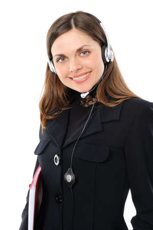 Young female customer service representative in headset. On a white backgroundの写真素材