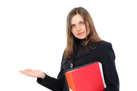 woman  with a folder, presenting copy-space の写真素材