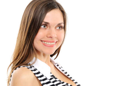  Positive young woman smiling over white backgroundの写真素材