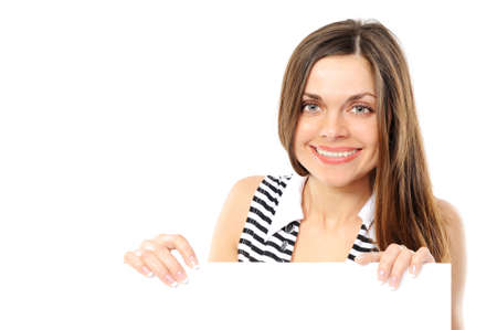 Beautiful  girl holding empty white board  on a white backgroundの写真素材