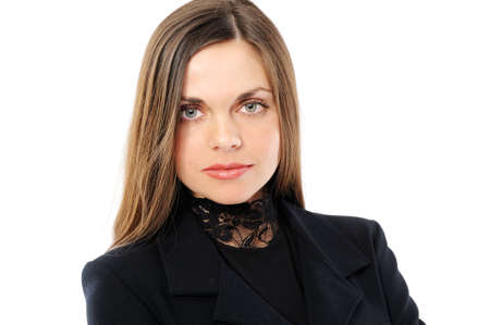 Portrait of the positive young woman on a white backgroundの写真素材
