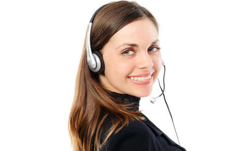  female customer service representative in headset, separately on white backgroundの写真素材
