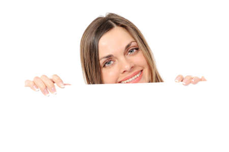  Cute image of woman holding a white blank board / placard. の写真素材