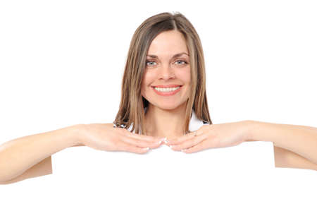 Beautiful girl holding empty white boardの写真素材