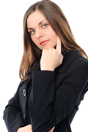   Positive young woman  over white backgroundの写真素材