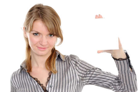 Portrait of the beautiful girl holding empty white board on a white backgroundの写真素材