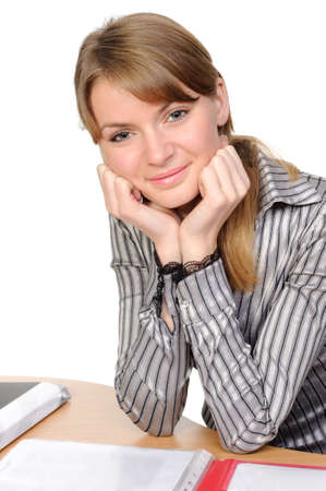  Portrait of business woman with a folder, smiling on a white backgroundの写真素材