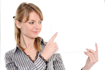Businesswoman holding empty white boardの写真素材