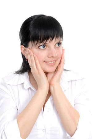  Surprised beautiful young woman isolated at white backgroundの写真素材