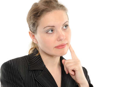 Portrait of  reflecting young woman smiling over white backgroundの写真素材