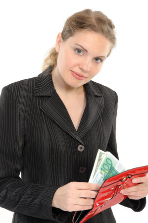 businesswoman with purse and money  on a white background