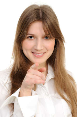  girl pointing at you, isolated on white backgroundの写真素材