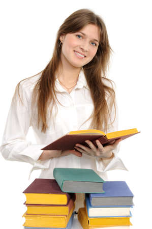 student girl with books on white background の写真素材