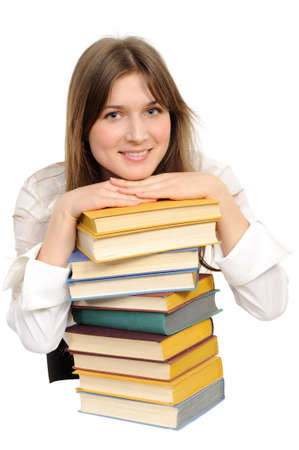 student girl with books on white background の写真素材