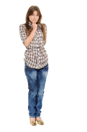Confused beautiful young woman isolated on white の写真素材