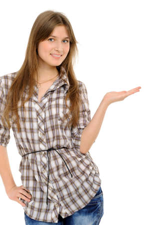 Woman holding hand presenting a product. On a white backgroundの写真素材