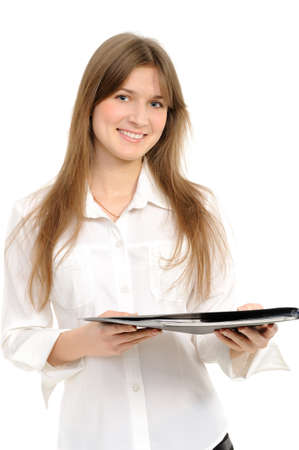 Business woman, giving a folder on a white background の写真素材