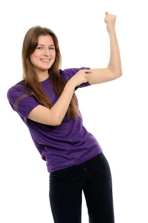 Young attractive woman with weights isolated on white background の写真素材