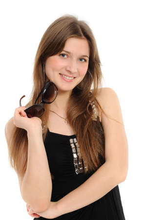 beautiful  woman wearing sunglasses over a white backgroundの写真素材
