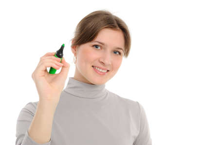  woman drawing something on screen with a pen - isolated over a white backgroundの写真素材