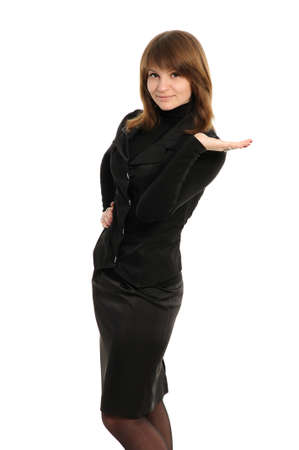 Business woman presenting something imaginary over whiteの写真素材