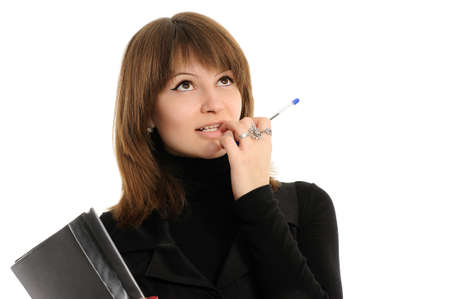  reflecting young woman with a folder  over white background の写真素材