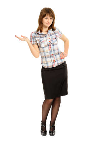Business woman presenting something imaginary over whiteの写真素材