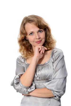 Portrait of a attractive business woman over white background の写真素材