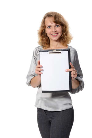 Beautiful business woman holding hand presenting a product  On a white background の写真素材