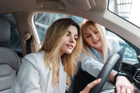 Car dealership consultant showing the interior of the car to a clientの写真素材
