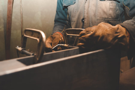 Man clamps iron products into c-clamps. Man works with clamps. Steel workshop concept