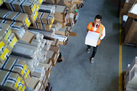 Warehouse worker walks with a box