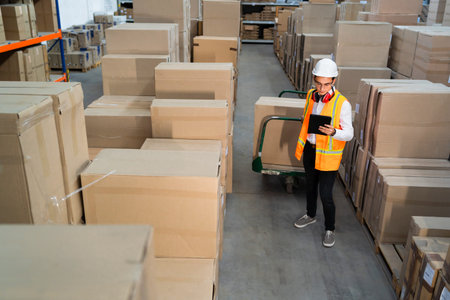 Logistic warehouse worker delivering boxes on a trolley