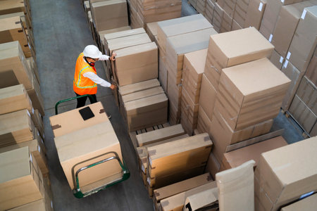 Logistic warehouse worker delivering boxes on a trolley