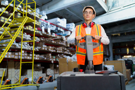 Warehouse worker operates a pallet loader