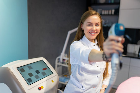 Female cosmetologist with a laser for hair removalの写真素材