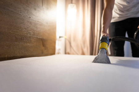 Man cleans the mattress from dust and dirt with washing vacuum cleaner. Bed cleaning processの写真素材