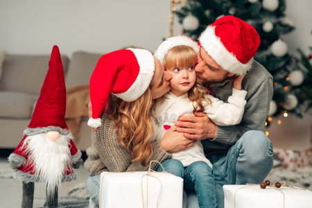Young family in santa claus hat. Parents kiss their daughterの写真素材