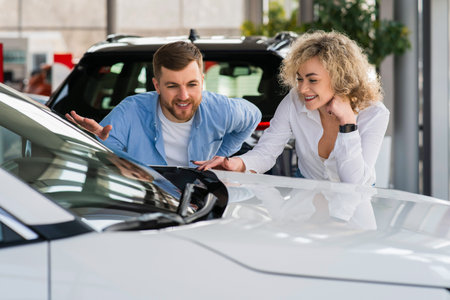 Couple looking at the new car in the dealership