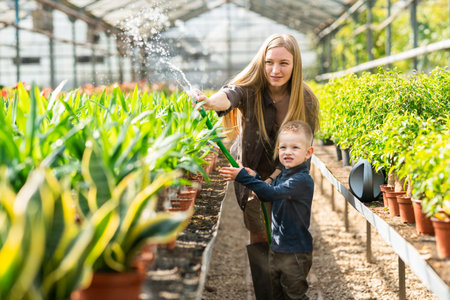 Woman with her son watering plants in a greenhouse