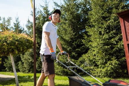 Gardener mowing the grass with a gasoline lawn mower