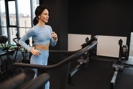 Pretty caucasian woman working out on a treadmill