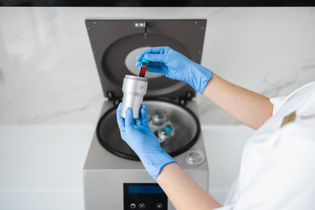 Beautician doctor's hands put test tube with blood in centrifuge container. Rejuvenation plasmolifting procedureの写真素材