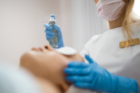 Beautician sprays cosmetic product on woman's face after the procedure. Facial treatment and skincare conceptの写真素材