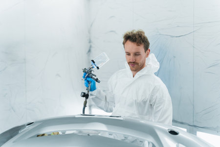 Car service worker with a paint gun in his hand works in a automobile painting boothの写真素材