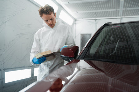 Auto colorist in the painting chamber selects the color of the car paint with samples