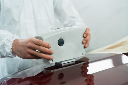 Close-up view of a auto painter determining the exact shade of a car's color using an electronic...