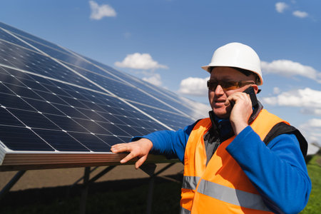 Male engineer in hardhat standing near solar panels and talking on the phone